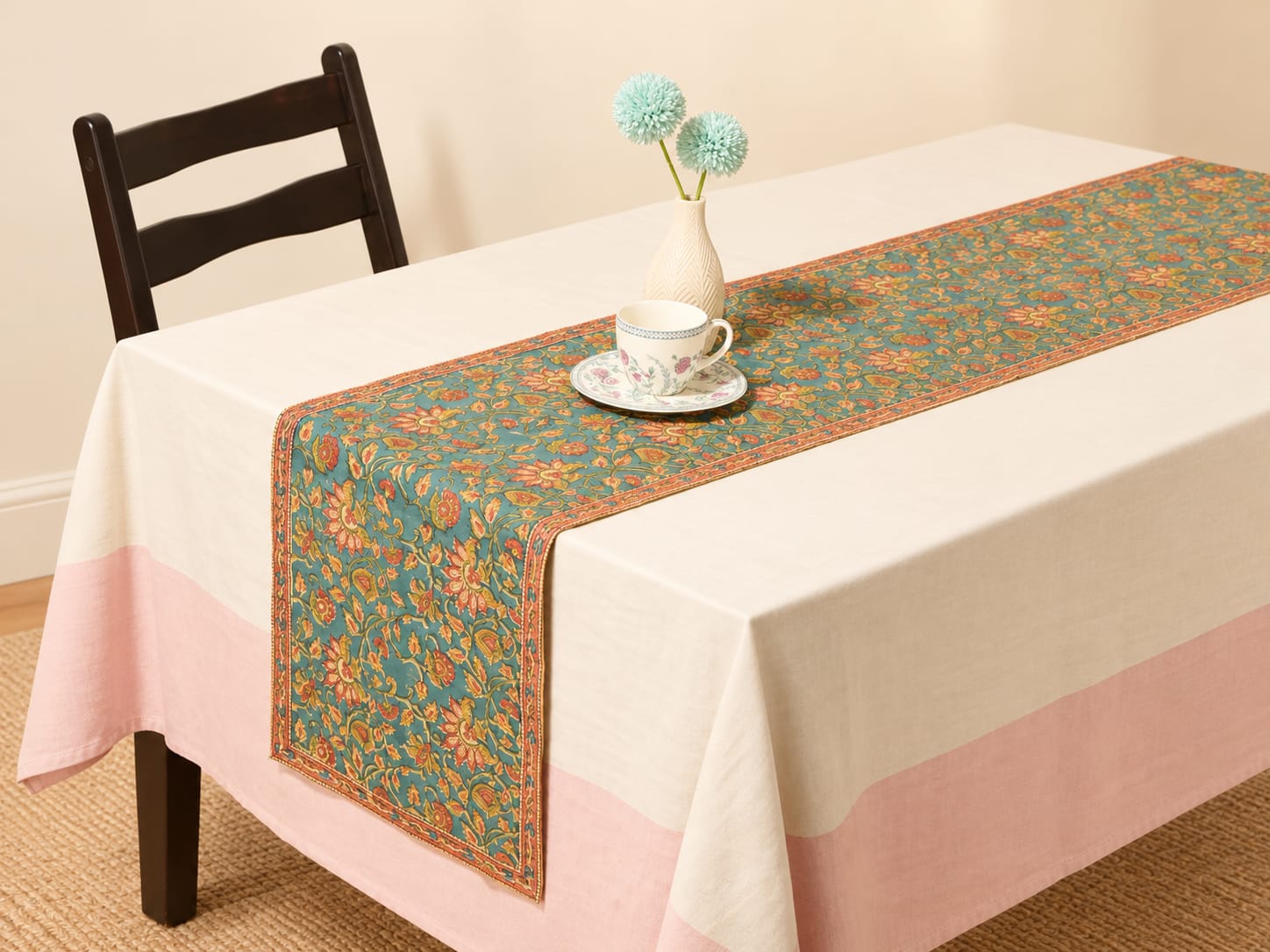 Fabindia Teal Rohil Cotton Hand Block Printed Table Runner